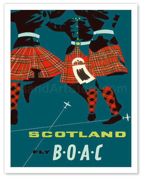 Scotland - Scottish Highland Dancers in Royal Stewart Tartan Kilts - Fly BOAC - Vintage Airline Travel Poster