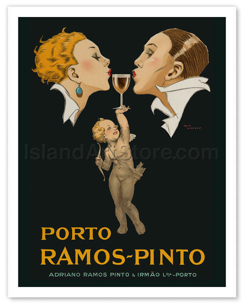 Porto Ramos-Pinto - Art Deco Couple Kissing - Cupid Holding Glass of Port Wine - Adriano Ramos Pinto & Irmão Lda - Porto - Poster by René Vincent