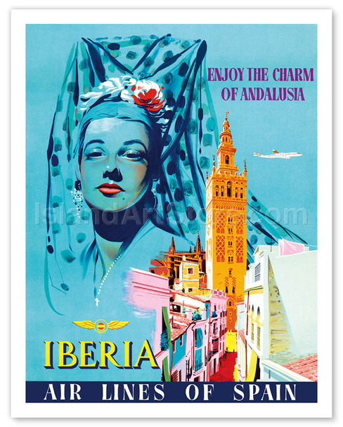 Enjoy the Charm of Andalusia - Spanish Senorita wearing Mantilla Veil, Seville Cathedral - Iberia Air Lines of Spain - Vintage Airline Travel Poster