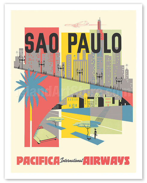 Sao Paulo, Brazil - Pacifica International Airways - c. 1950's - Vintage Airline Travel Poster