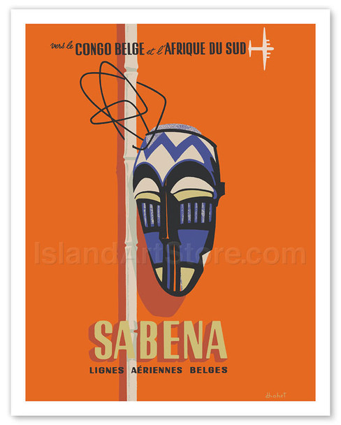 Congo - South Africa - Sabena, Lignes Aeriennes Belges (Belgian Airlines) - Tribal Mask - Poster by Henri Dohet