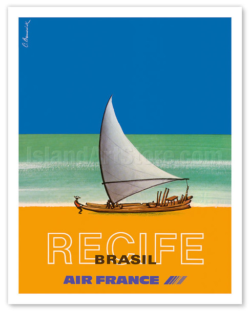 Recife - Brazil (Brasil) - Fisherman and Sailboat - Poster by Claude Brunswick