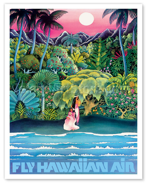Fly Hawaiian Air - Hawaii Women on the Beach and Tropical Forest - Hawaiian Airlines - Vintage Airline Travel Poster