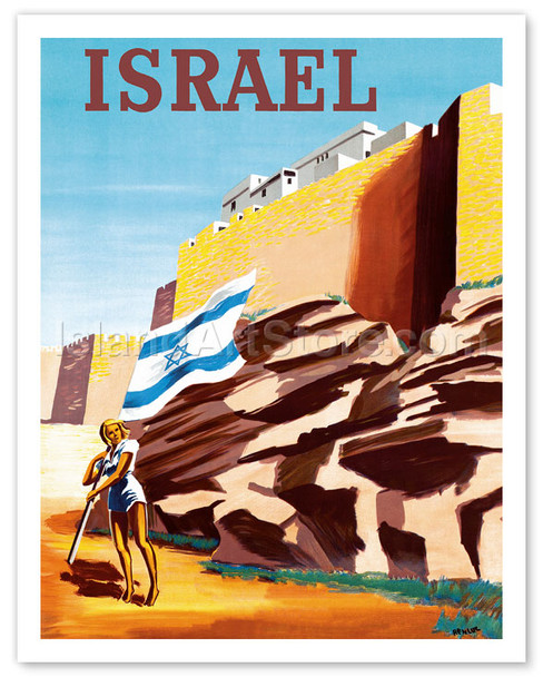 Israel - Zionist Heroic Girl Holding Israeli Flag - Walls of Jerusalem - Poster by Lucien Boucher (Renluc)