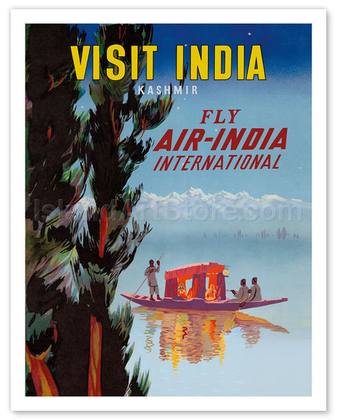 Visit India - Kashmir - Fly Air India International - Shikara Travel Boat at Dal Lake - Vintage Movie Poster