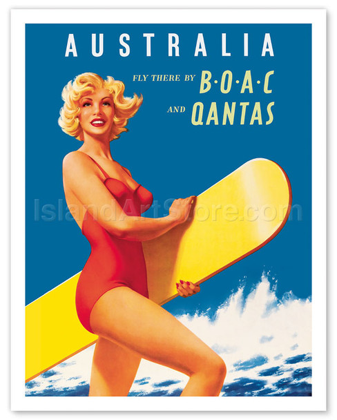 Australia - Fly there by BOAC (British Overseas Airways Corporation) and Qantas - Blonde Lady and Surfboard - Vintage Airline Travel Poster