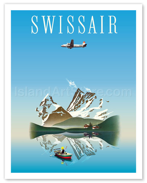 Switzerland - Swissair - Douglas DC-4 Airliner - Swiss Lake and Mountains - Poster by Herbert Leupin