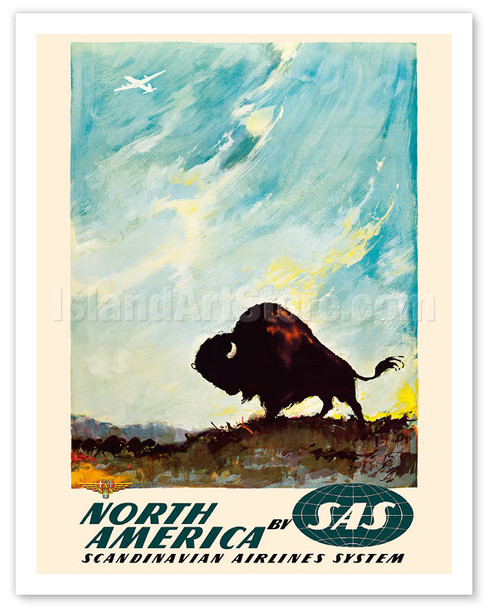 North America - by SAS Scandinavian Airlines System - American Bison (Buffalo) - Poster by Otto Nielsen