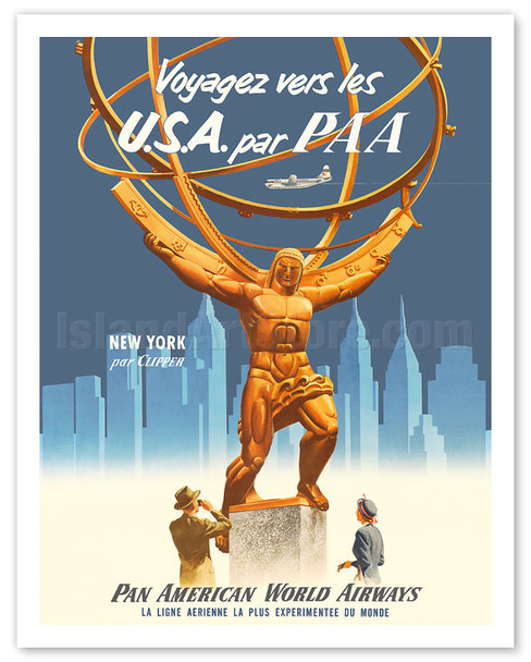 Voyagez vers les U.S.A. par PAA (Travel to the USA by PAA) - New York par Clipper - Pan American World Airways - Vintage Airline Travel Poster