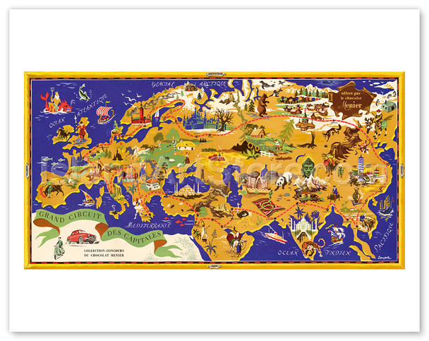 Around the World Map - Chocolat Menier - French Chocolate Company - Circuit des Capitales (Tour of the Capitals) - Poster by J.B. Jannot