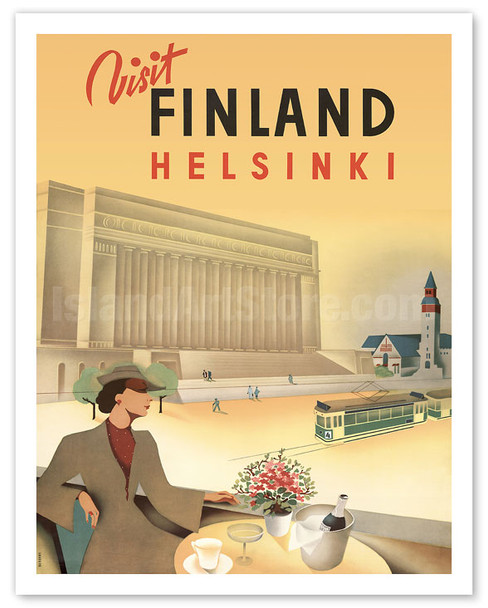 Visit Helsinki, Finland - Finnish Parliament House - Finnish State Railway - c. 1940 - Poster by Jorma Suhonen