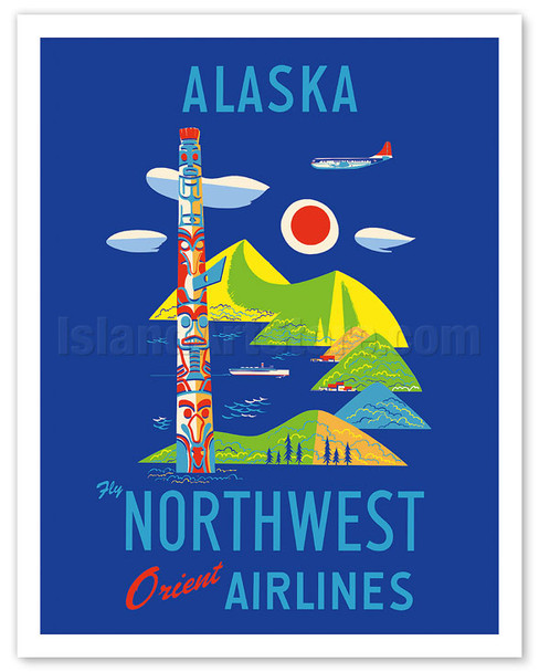 Alaska - Fly Northwest Orient Airlines - Alaskan Totem Pole - Vintage Airline Travel Poster
