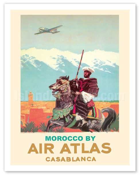Casablanca, Morocco - Air Atlas - Moroccan Horse Rider - c. 1950 - Poster by Albert Brenet