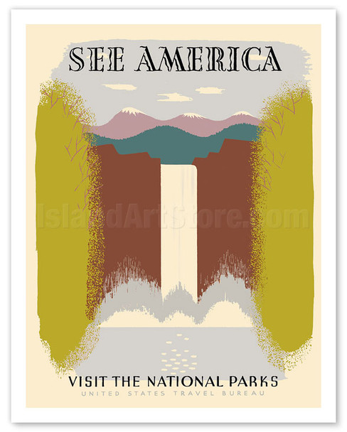 See America - Visit the National Parks - Waterfall - United States Travel Bureau - Poster by Harry Herzog