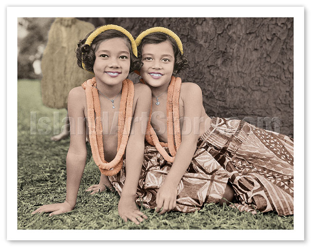 Young Hawaiian Sisters - Hula Dancers - c. 1935 - Vintage Hawaiian Hand-colored Photograph