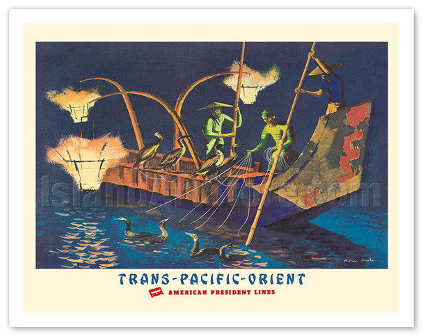 Trans-Pacific-Orient Cormorant Fishing - American President Lines - c. 1947 - Poster by Millard Sheets