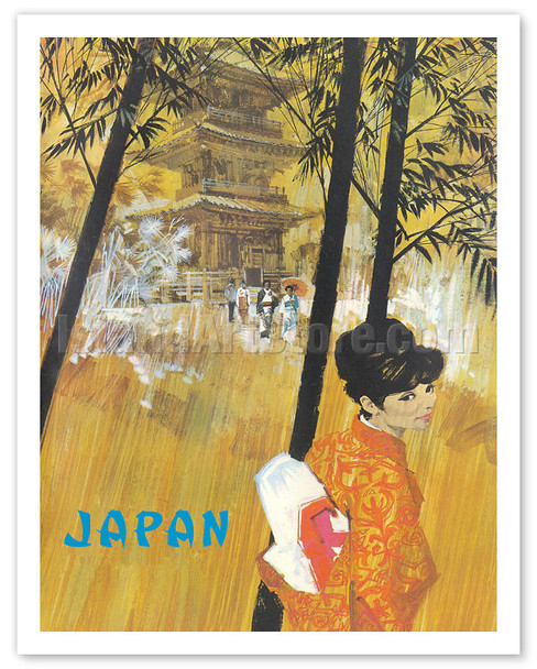 Japan - Japanese Woman at a Shinto Temple - c. 1966 - Vintage Travel Poster