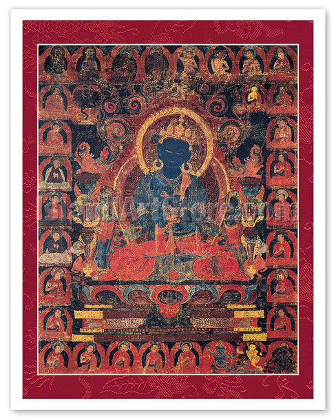 Vajradhara Buddha and the Sakya Lamdre Lineage - Buddhist Deity - Vintage Tibetan Thangka Buddhist Painting