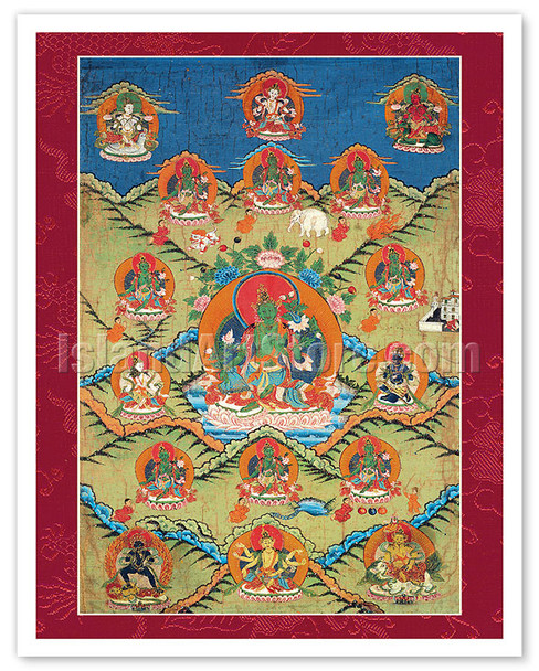Khadiravani Green Tara - Savior From The Eight Dangers - Tantric Buddhist Deity - Vintage Tibetan Thangka Buddhist Painting