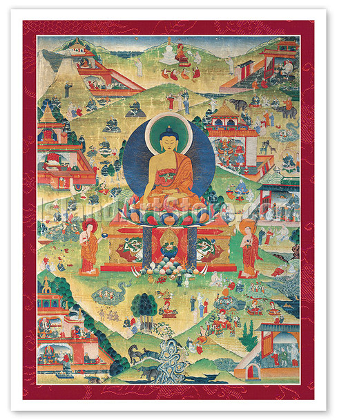 Shakyamuni Buddha - The Story of King Punyabala's Practice of Giving - Vintage Tibetan Thangka Buddhist Painting