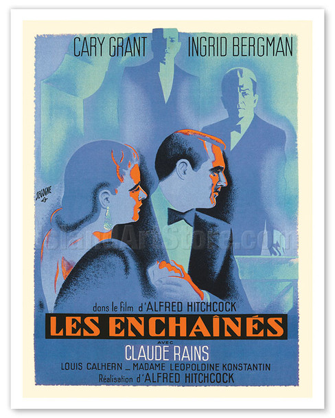 Notorious (Les Enchaînés) - Starring Cary Grant & Ingrid Bergman - c. 1946 - Poster by Pierre Segogne