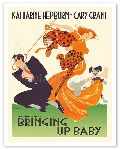 Bringing Up Baby (L’Impossible Monsierur Bébé) - Starring Katharine Hepburn Cary Grant - c. 1938 - Poster by Bernard Lancy