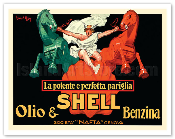 Shell Oil and Gasoline (Olio & Benzina) - The Powerful and Perfect Match - c. 1927 - Poster by Jean d’Ylen
