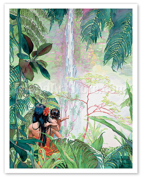 Baby See Waterfall (Nānā Ka Pēpē I Ka Wailele) - Hawaiian Mother and Child - Poster by Janet Stewart