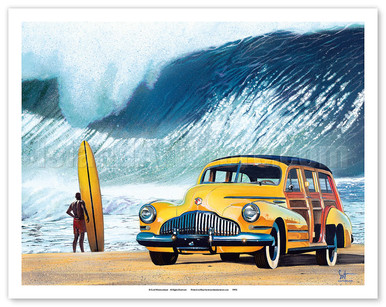 ヴィーヴィ・ケンパイネン　ふしぎなポートレート パステル画 Buttercup Buick - Retro Woodie Car on Beach with Big Wave Surfer