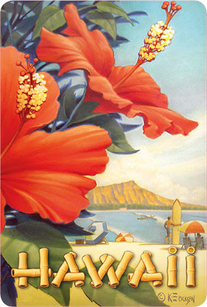 Hibiscus Beach Day by Kerne Erickson - Hawaiian Vintage Postcard