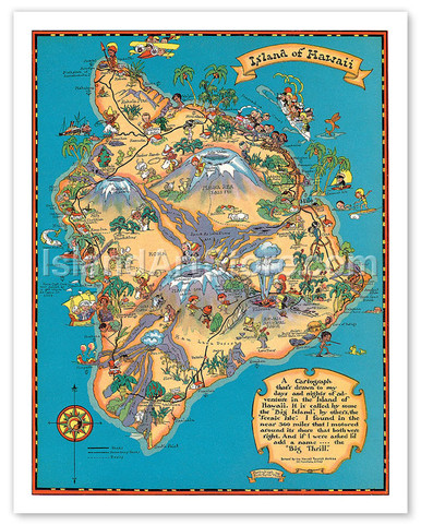 Hawaiian Island of Hawaii (Big Island) Map - Vintage Colored
