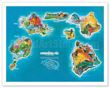 Hawaii Islands Route Map - Hawaiian Air Lines - Vintage Pictorial