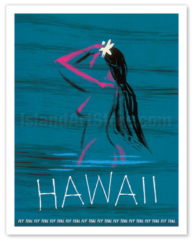 Hawaii - Nude Hawaiian Girl Bathing - Fly Teal (Tasman Empire Airways