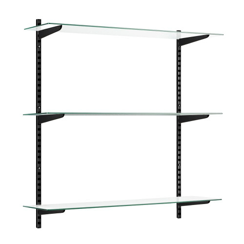 Black & Glass Adjustable Shelving - 3 Glass Shelves, 6 U-Brackets for the Bedroom Black & Glass Adjustable Shelving - 3 Glass Shelves, 6 U-Brackets for the Bedroom
