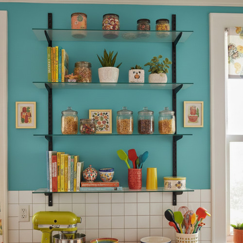 Black & Glass Adjustable Shelving - 4 Glass Shelves, 8 U-Brackets for the Kitchen