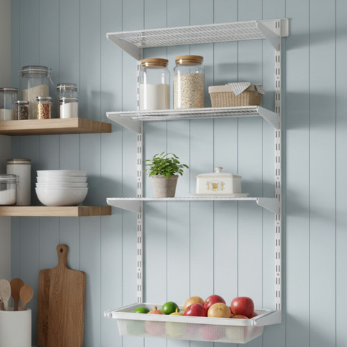Flexx White Wire Shelf System & Shallow Wire Mesh Basket - Width 600mm for the Kitchen