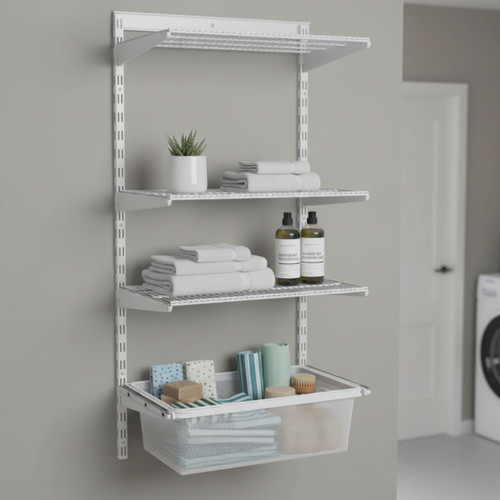 Flexx White Wire Shelf System & Deep Wire Mesh Basket - Width 600mm for the Utility Room