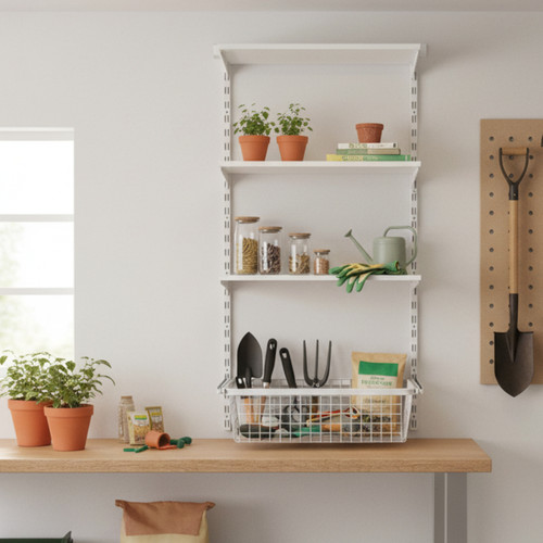 Flexx White Wooden Shelf System & Deep Basket - Width 600mm for the Garage