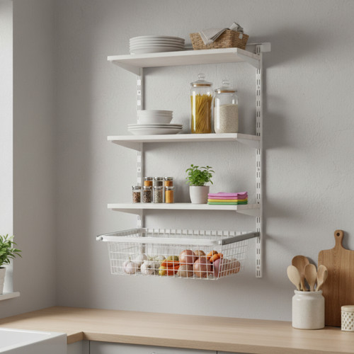 Flexx White Wooden Shelf System & Deep Basket - Width 600mm for the Kitchen