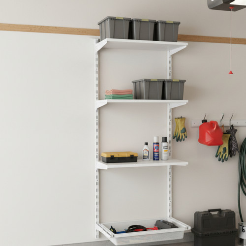 Flexx White Wooden Shelf System & Shallow Wire Mesh Basket - Width 600mm for the Garage
