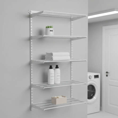 Flexx White Wire Shelf System - 5 Shelves with 2100mm uprights for the Utility Room