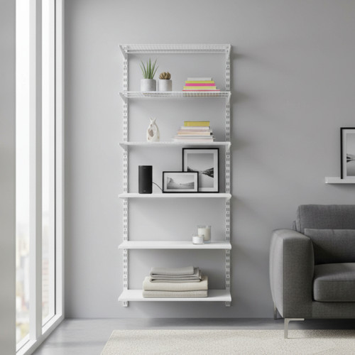 Flexx White Shelf System - 3x Wooden & 3x Wire Shelves with 2100mm uprights for the Living Room