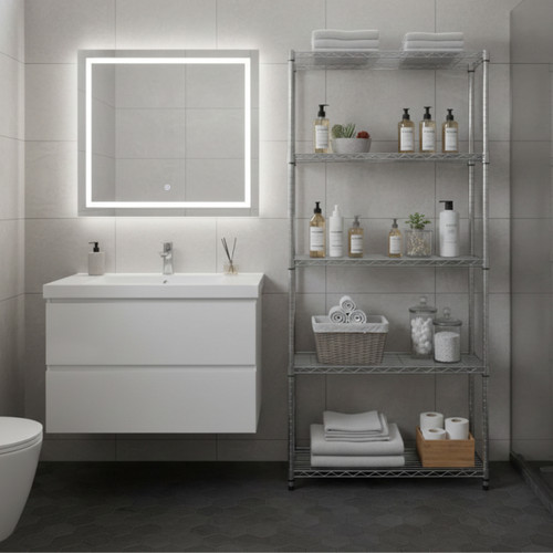 Klassiek Narrow Chrome Wire Shelving Unit - 5 Shelves for the Bathroom - H1600 x W750 x D350 mm