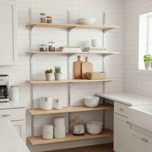 Chrome & Oak Adjustable Shelving - 5 Wooden Shelves  for the Kitchen - H1980 mm x W1200 mm