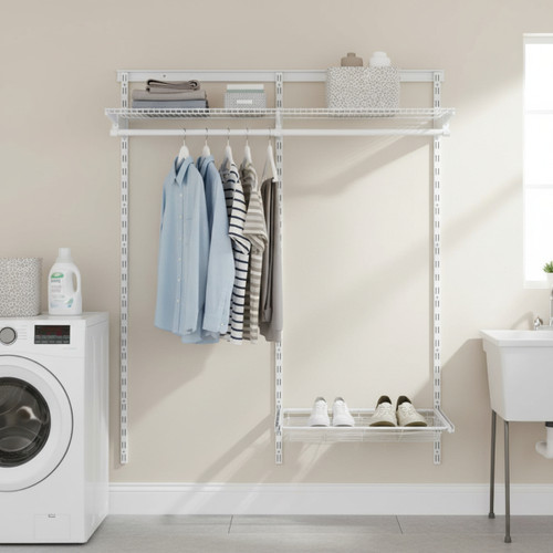 Flexx White Wire Shelf & Clothes Rail  with Shoe Rack for the Utility Room - Width 1200mm