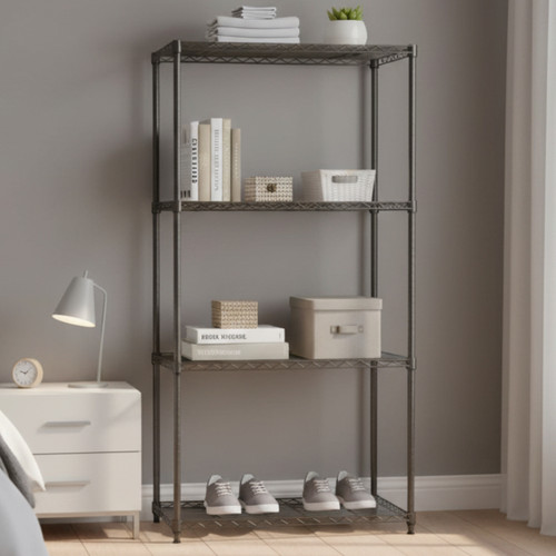 Klassiek Narrow Carbon Grey Wire Shelving Unit - 4 Shelves for the Bedroom