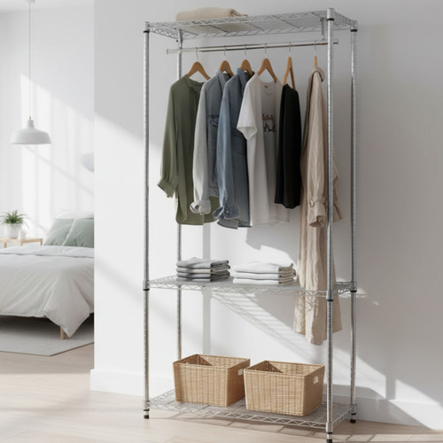 Koolstof Chrome Wire Clothes Rack - 3 Shelves & 1 Rail for the Bedroom