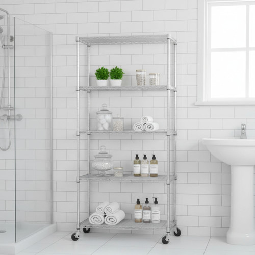Klassiek Chrome Wire Shelving Unit with Heavy-Duty Wheels - 5 Shelves for the Bathroom