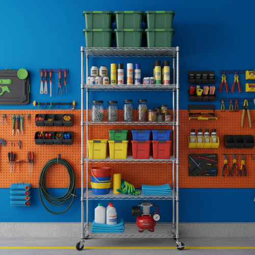 Klassiek Chrome Wire Shelving Unit with Heavy-Duty Wheels - 6 Shelves for the Garage