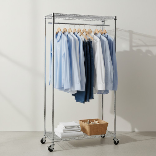 Koolstof Chrome Wire Clothes Rack with Heavy-Duty Wheels - 2 Shelves & 1 Rail for the Utility Room